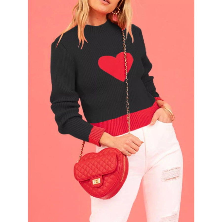 Color-Block Heart Pattern Ribbed Knit Sweater Black / S Apparel and Accessories