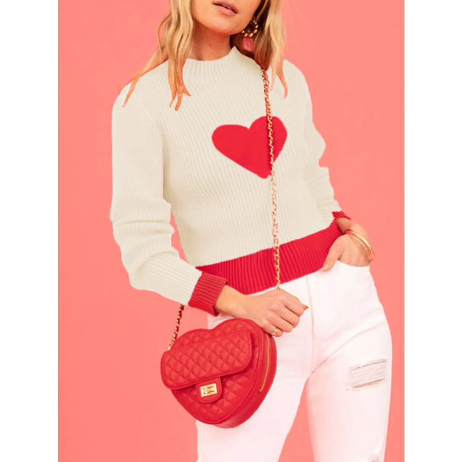 Color-Block Heart Pattern Ribbed Knit Sweater Cream / S Apparel and Accessories