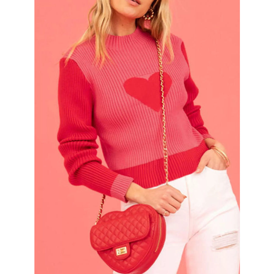 Color-Block Heart Pattern Ribbed Knit Sweater Red / S Apparel and Accessories