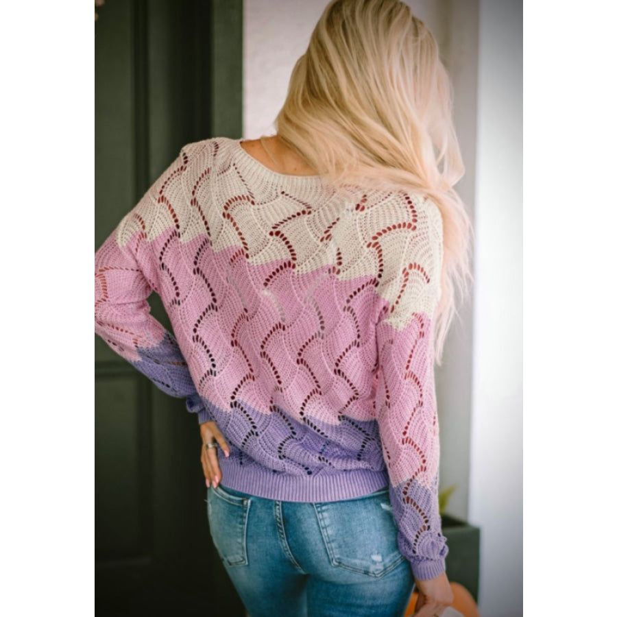 Color Block Hollow Boat Neck Sweater Apparel and Accessories