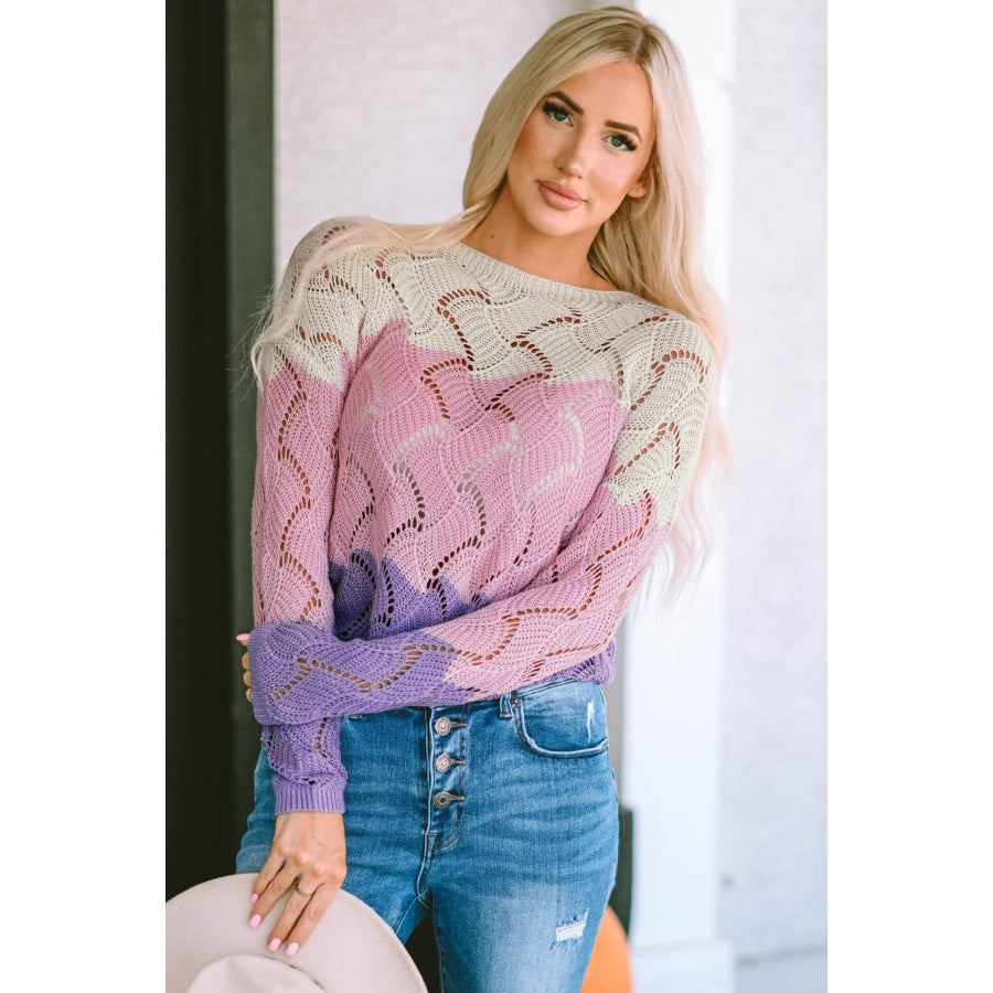 Color Block Hollow Boat Neck Sweater Apparel and Accessories