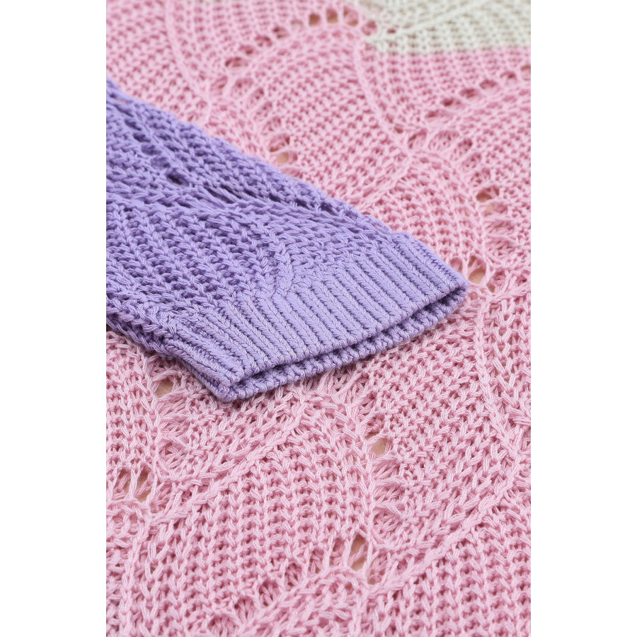 Color Block Hollow Boat Neck Sweater Apparel and Accessories