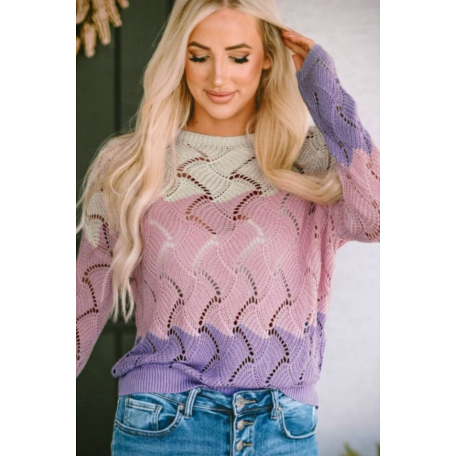 Color Block Hollow Boat Neck Sweater Apparel and Accessories