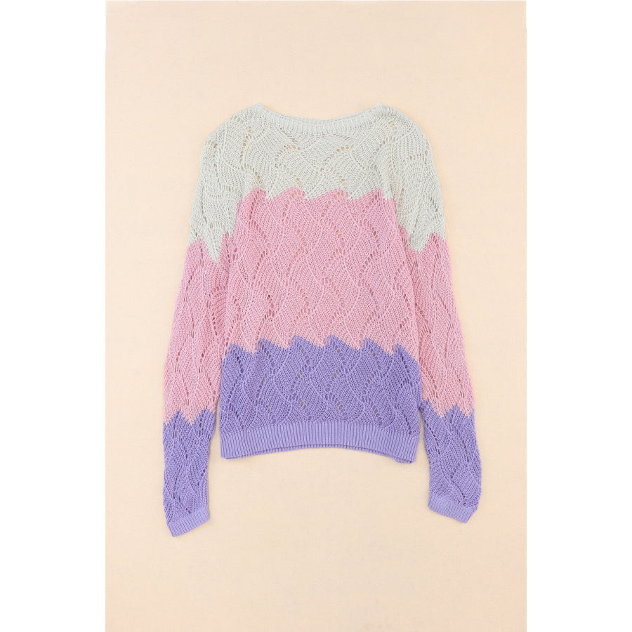 Color Block Hollow Boat Neck Sweater Apparel and Accessories