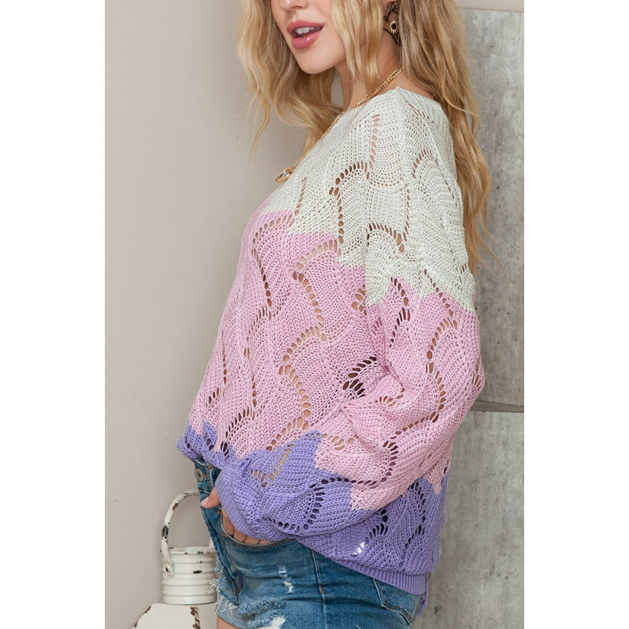 Color Block Hollow Boat Neck Sweater Apparel and Accessories
