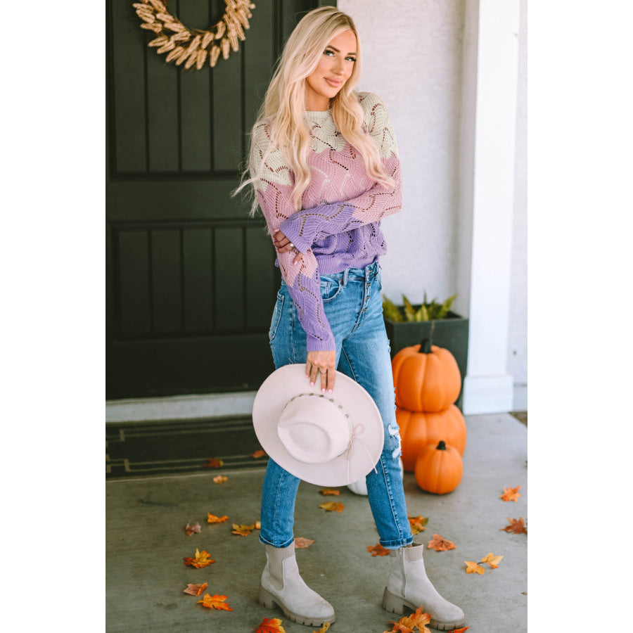 Color Block Hollow Boat Neck Sweater Apparel and Accessories