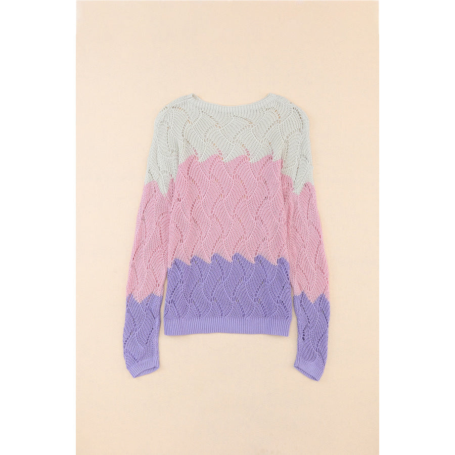 Color Block Hollow Boat Neck Sweater Apparel and Accessories