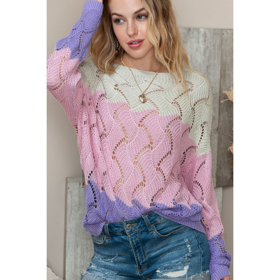 Color Block Hollow Boat Neck Sweater Dusty Pink / S Apparel and Accessories