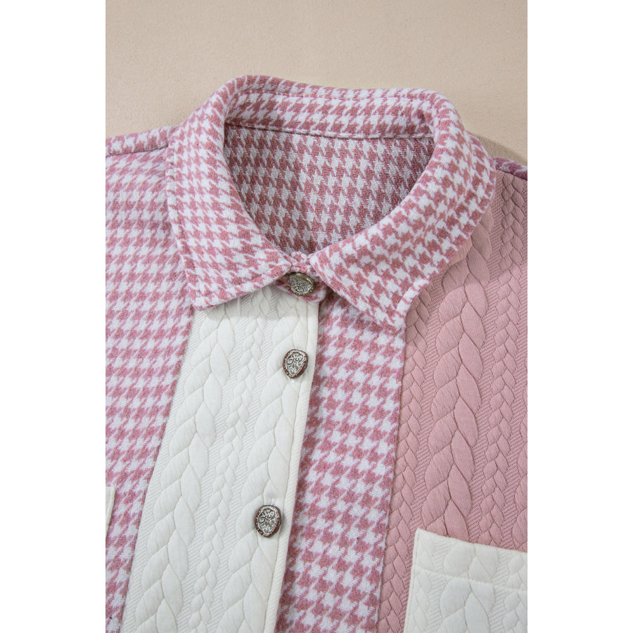 Color Block Houndstooth Collared Neck Shacket Apparel and Accessories
