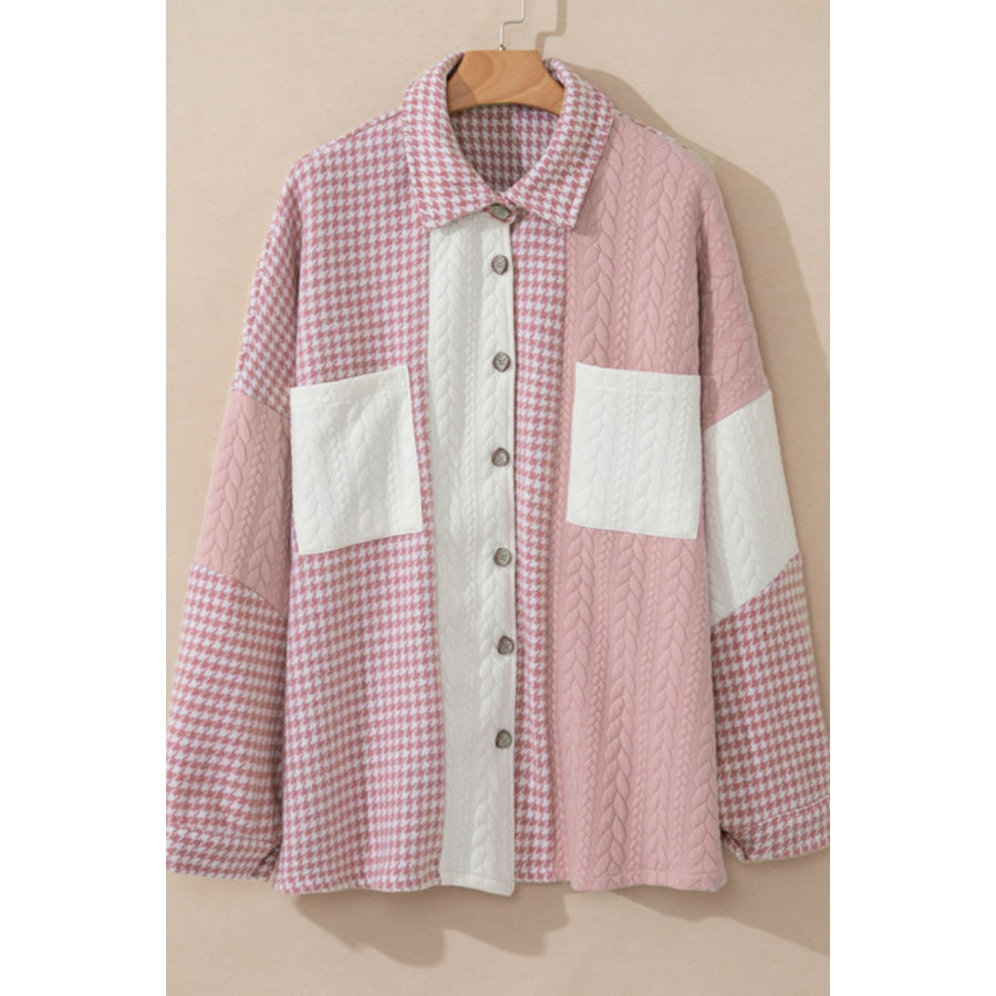 Color Block Houndstooth Collared Neck Shacket Apparel and Accessories