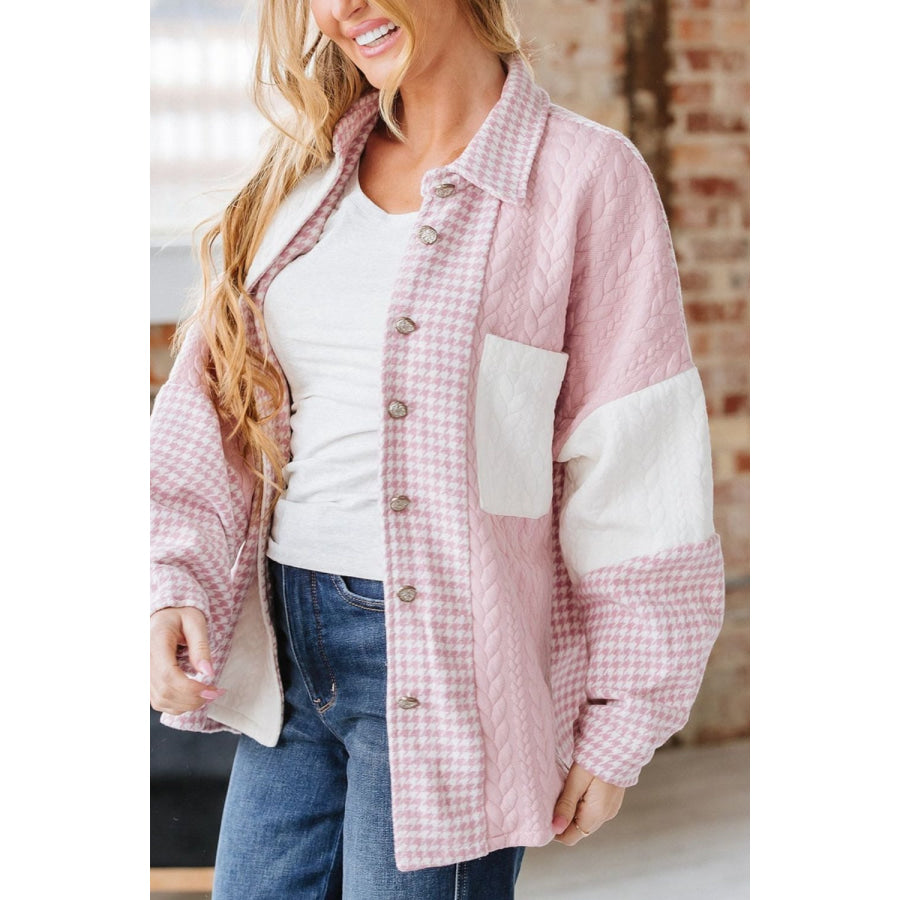 Color Block Houndstooth Collared Neck Shacket Apparel and Accessories