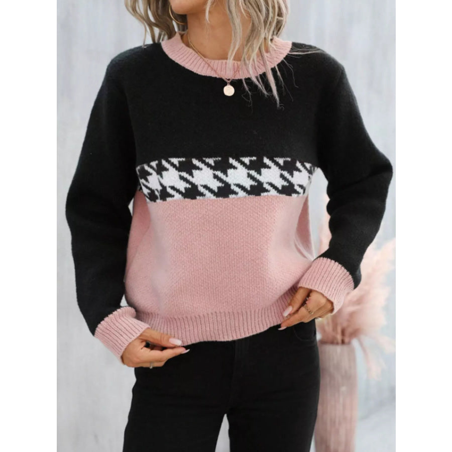 Color Block Houndstooth Sweater Apparel and Accessories