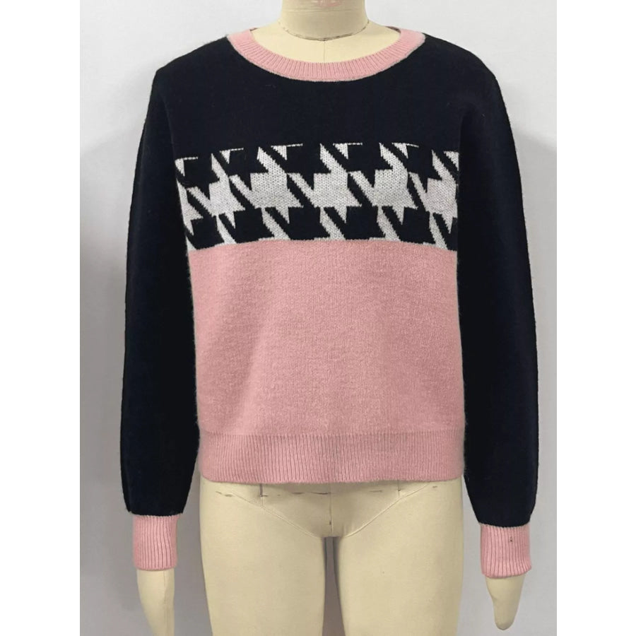 Color Block Houndstooth Sweater Apparel and Accessories