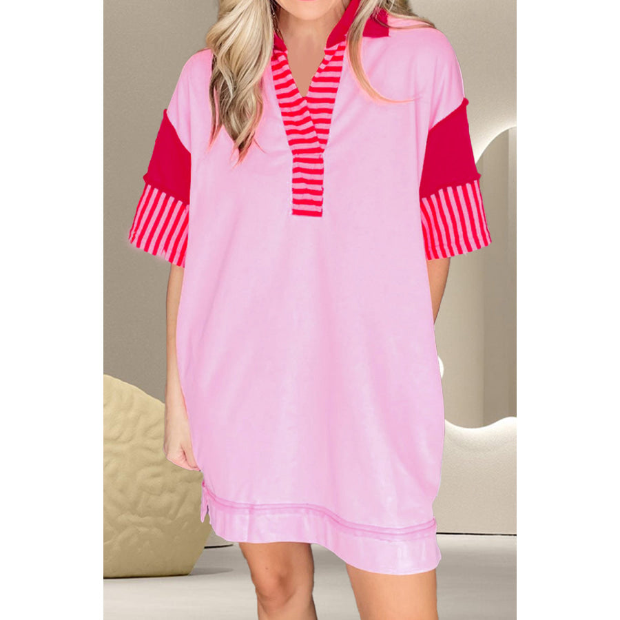 Color Block Johnny Collar Half Sleeve Dress Pink / M Apparel and Accessories