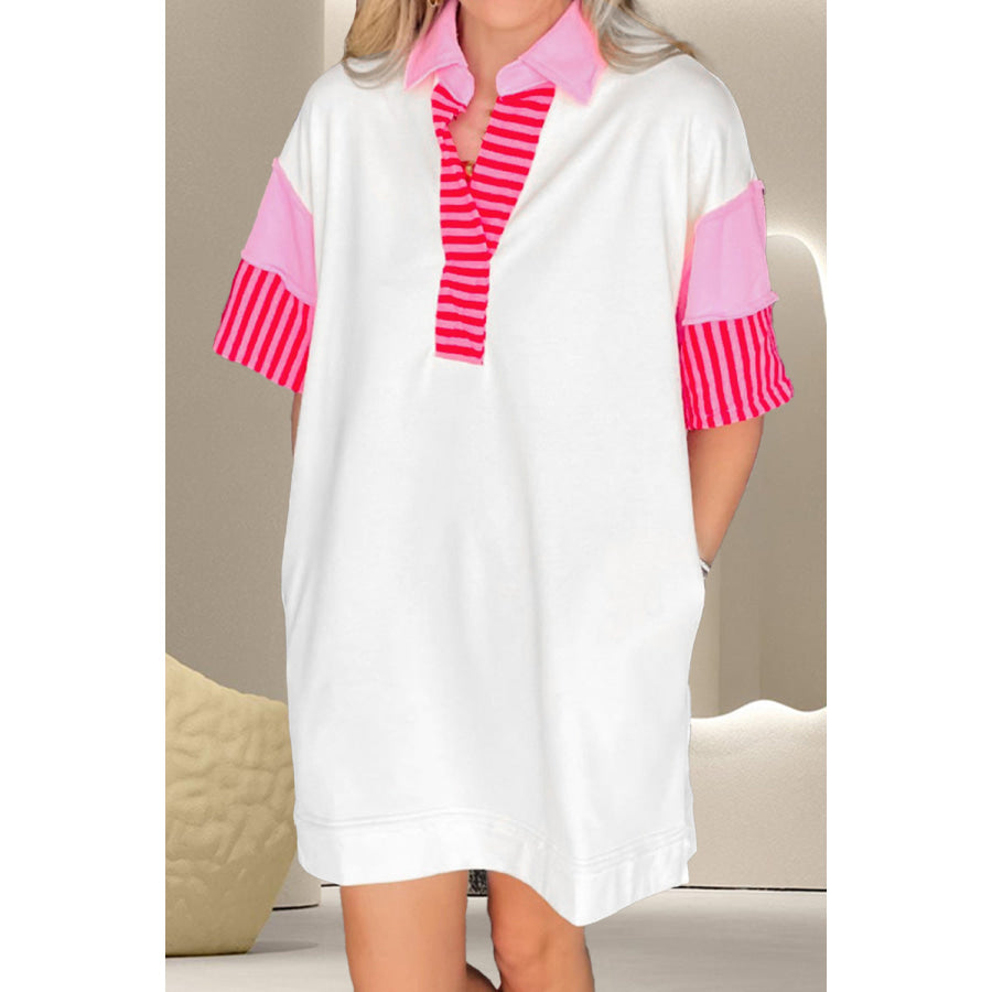 Color Block Johnny Collar Half Sleeve Dress White / M Apparel and Accessories