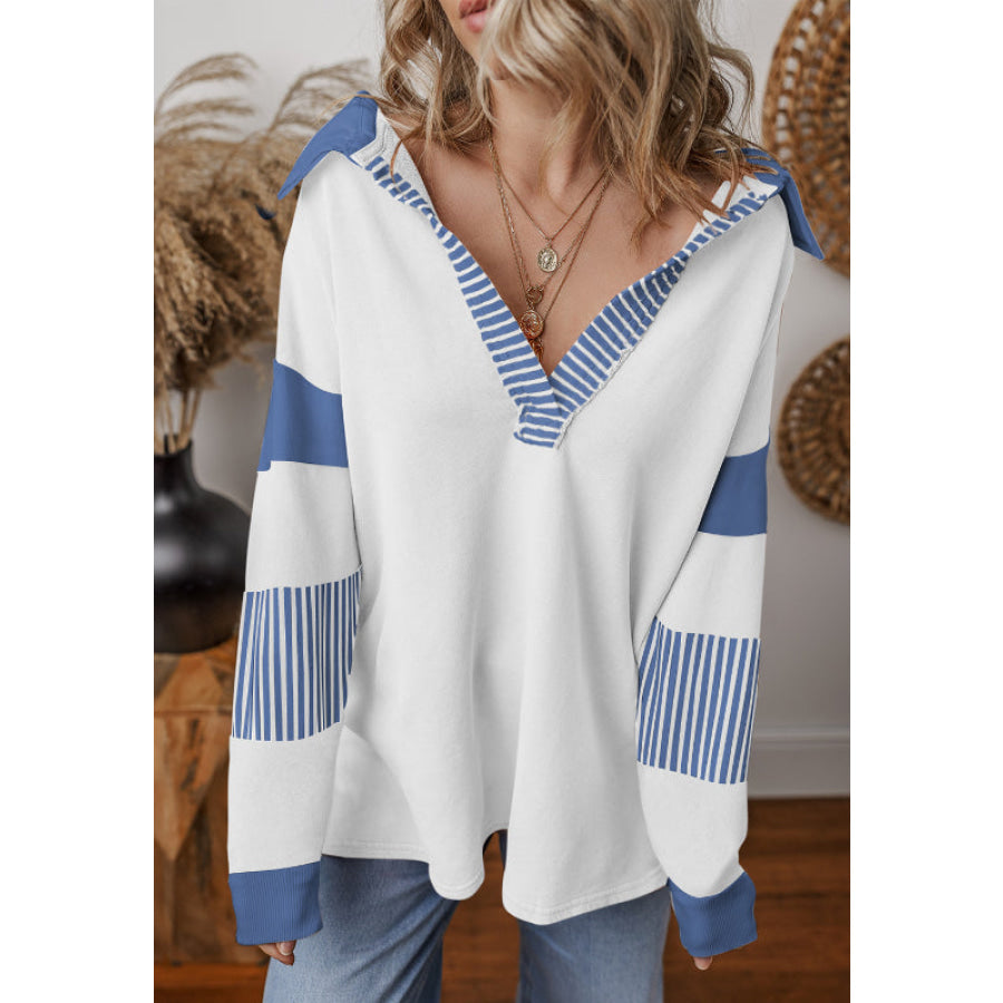 Color Block Johnny Collar Long Sleeve Sweatshirt Apparel and Accessories