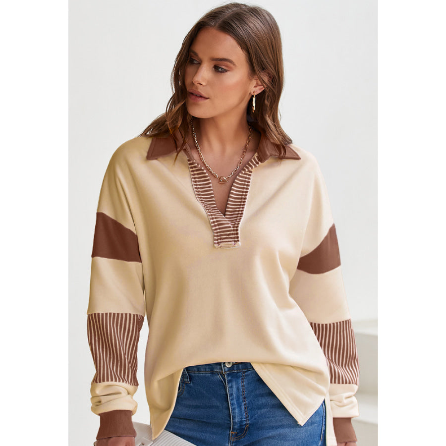 Color Block Johnny Collar Long Sleeve Sweatshirt Apparel and Accessories