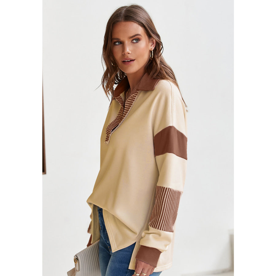 Color Block Johnny Collar Long Sleeve Sweatshirt Apparel and Accessories