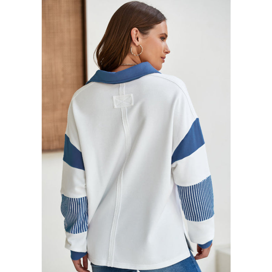 Color Block Johnny Collar Long Sleeve Sweatshirt Apparel and Accessories