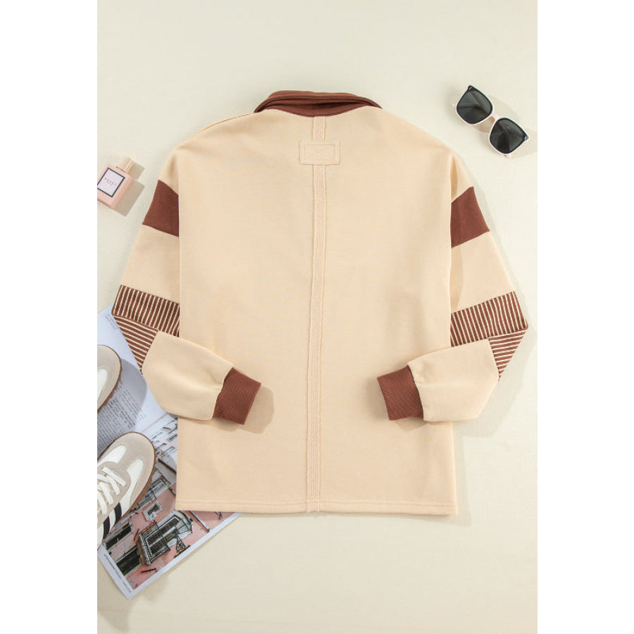Color Block Johnny Collar Long Sleeve Sweatshirt Apparel and Accessories