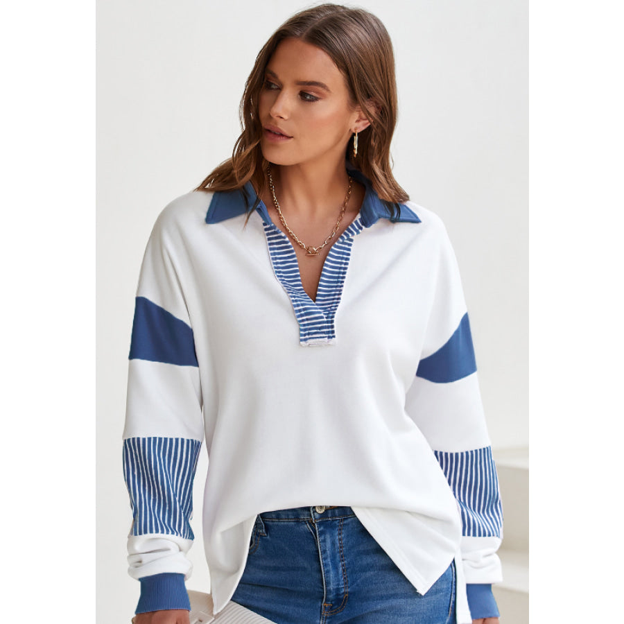 Color Block Johnny Collar Long Sleeve Sweatshirt Apparel and Accessories