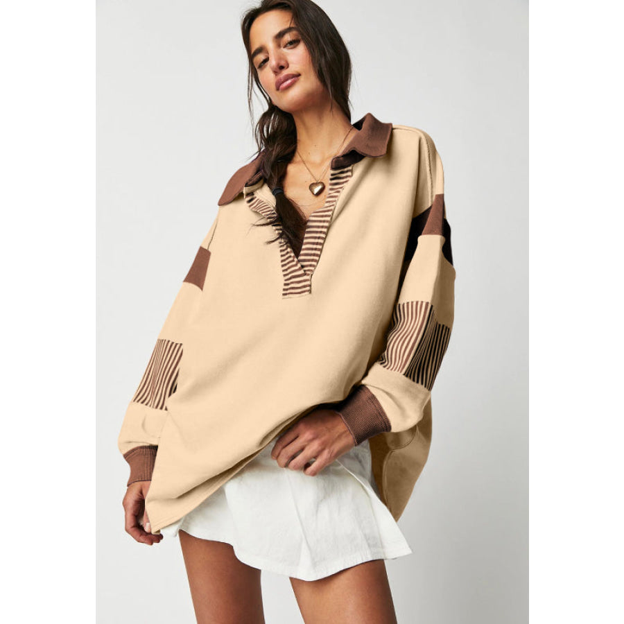 Color Block Johnny Collar Long Sleeve Sweatshirt Apparel and Accessories