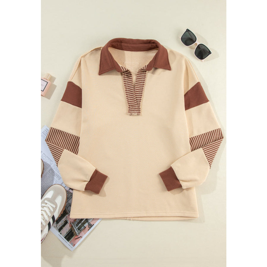 Color Block Johnny Collar Long Sleeve Sweatshirt Apparel and Accessories