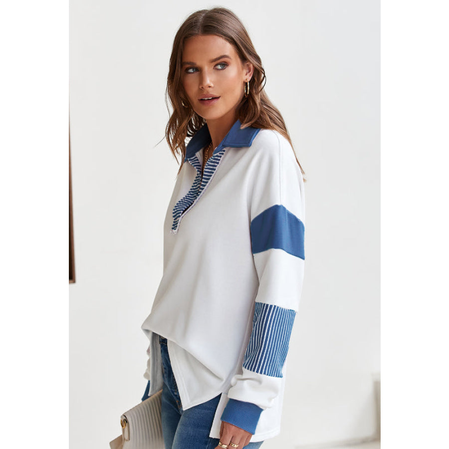 Color Block Johnny Collar Long Sleeve Sweatshirt Apparel and Accessories
