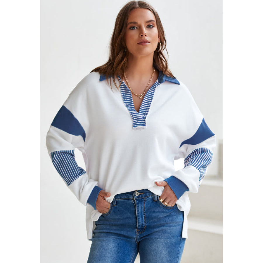 Color Block Johnny Collar Long Sleeve Sweatshirt Apparel and Accessories