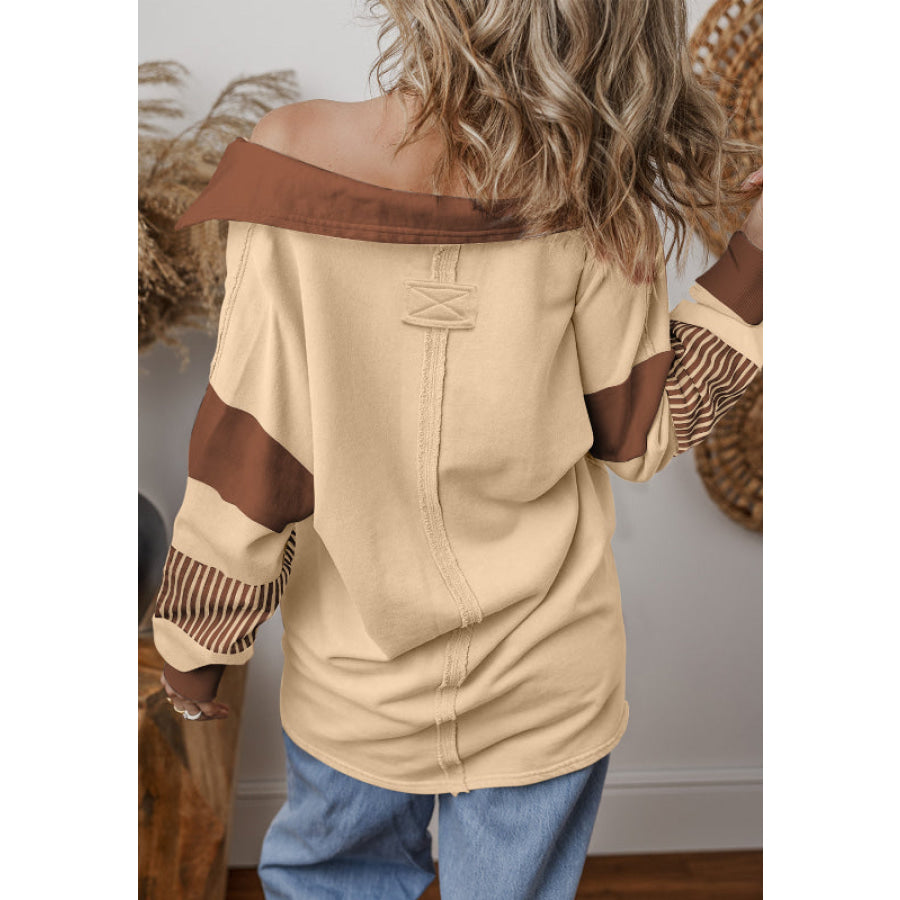 Color Block Johnny Collar Long Sleeve Sweatshirt Apparel and Accessories
