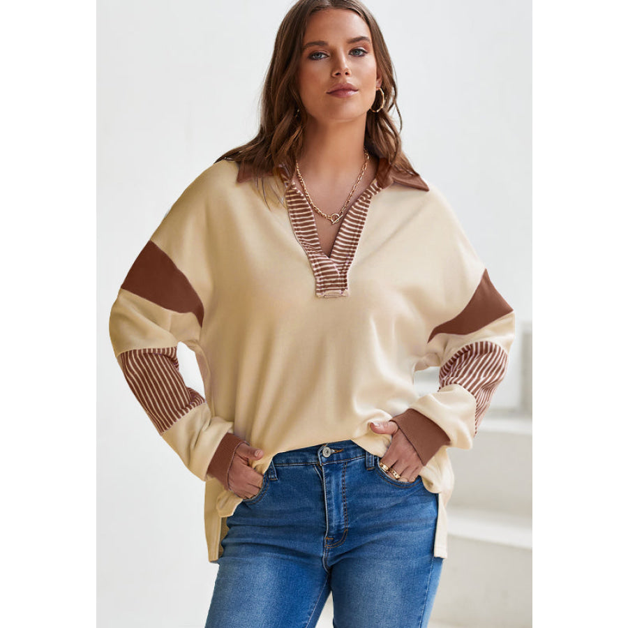 Color Block Johnny Collar Long Sleeve Sweatshirt Apparel and Accessories