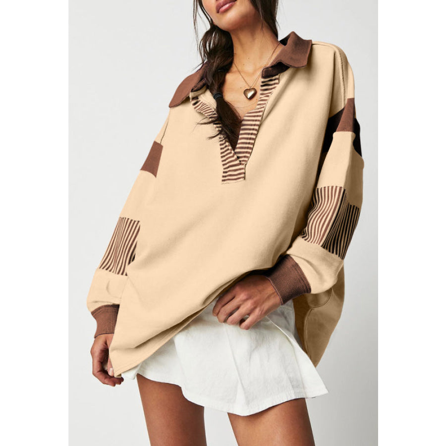 Color Block Johnny Collar Long Sleeve Sweatshirt Tan / S Apparel and Accessories