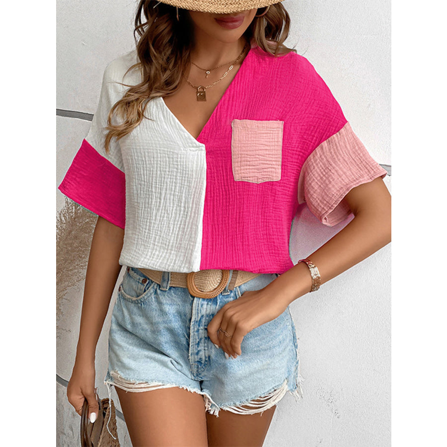 Color Block Johnny Collar Short Sleeve Blouse Apparel and Accessories