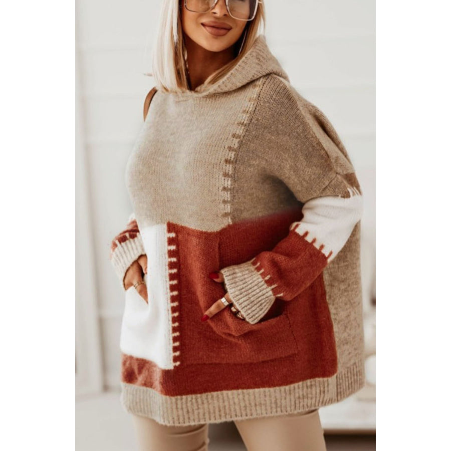 Color Block Kangaroo Pocket Hooded Sweater Apparel and Accessories
