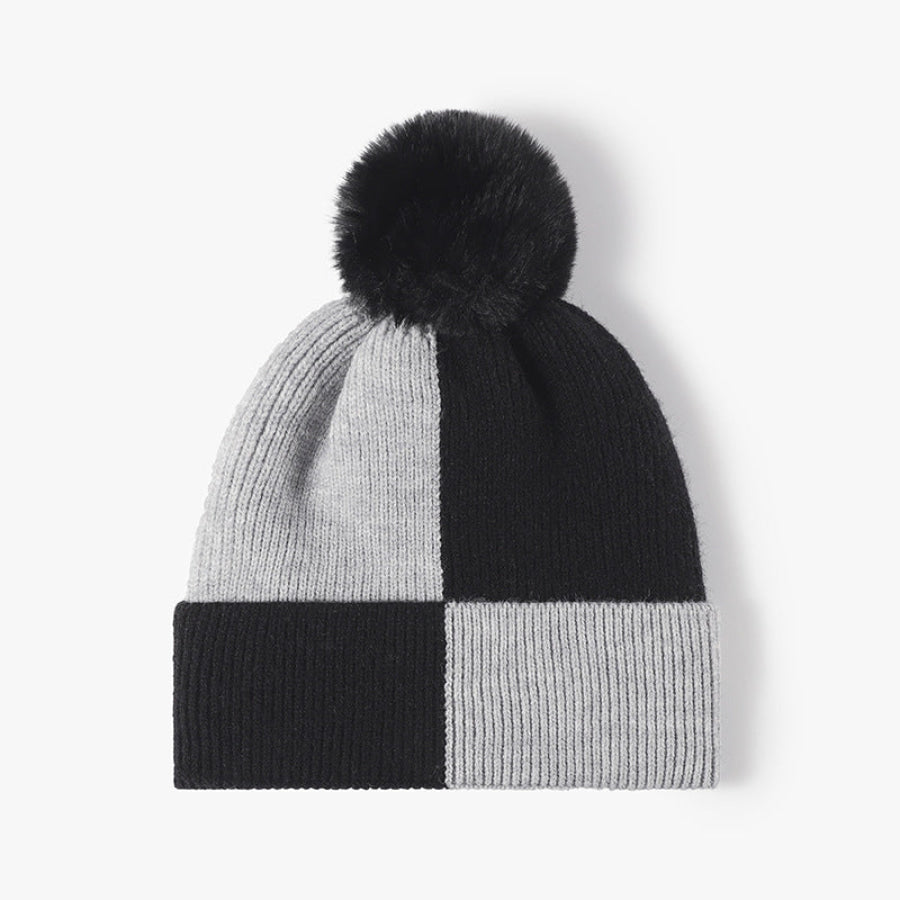 Color Block Knit Hat with Pom-pom Black / One Size Apparel and Accessories