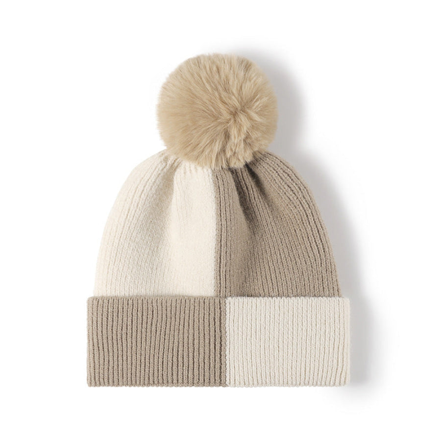 Color Block Knit Hat with Pom-pom Khaki / One Size Apparel and Accessories