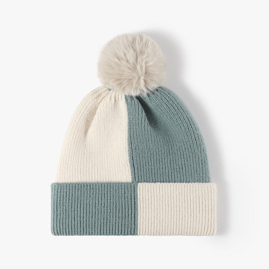 Color Block Knit Hat with Pom-pom Teal / One Size Apparel and Accessories