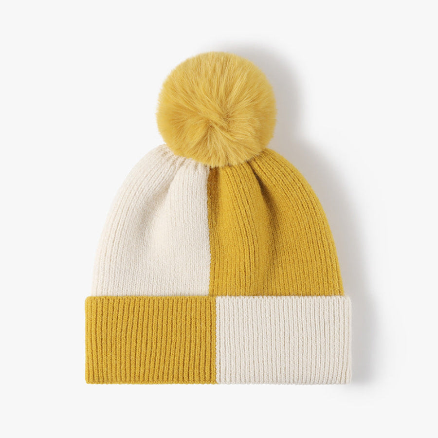 Color Block Knit Hat with Pom-pom Yellow / One Size Apparel and Accessories
