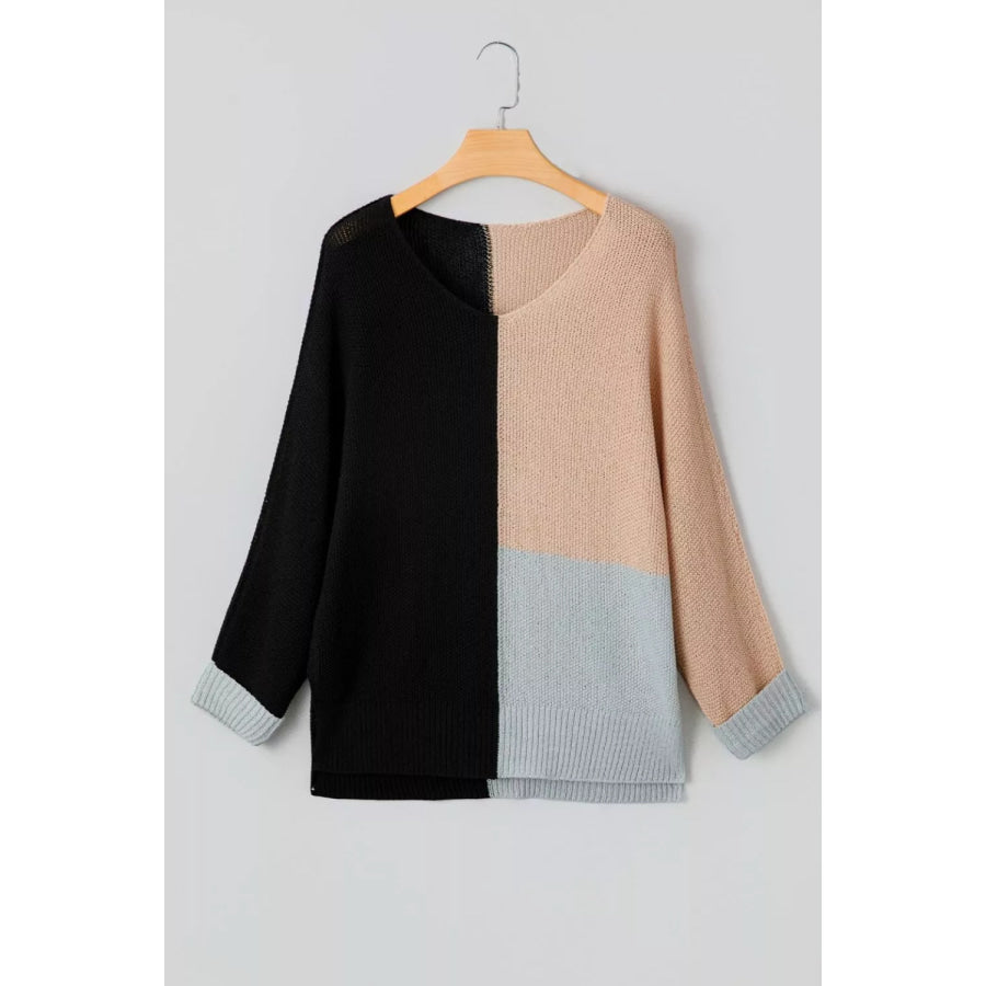 Color Block Knit V Neck Loose Sweater Apparel and Accessories