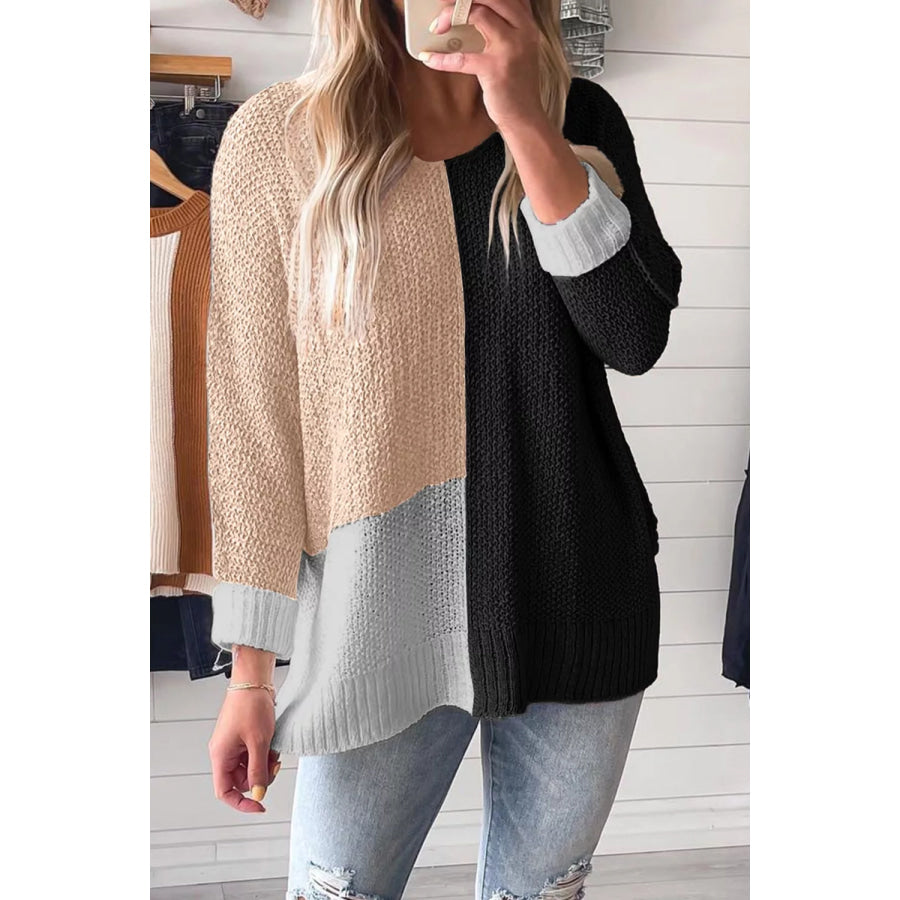 Color Block Knit V Neck Loose Sweater Apparel and Accessories