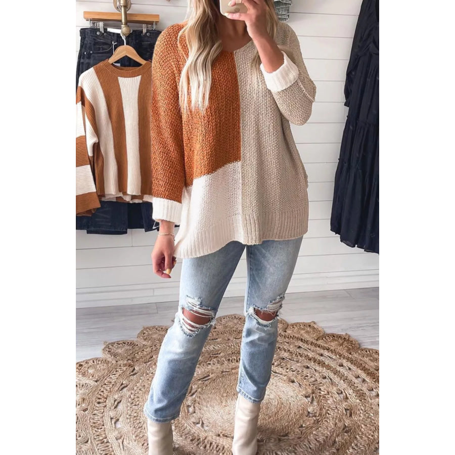 Color Block Knit V Neck Loose Sweater Apparel and Accessories