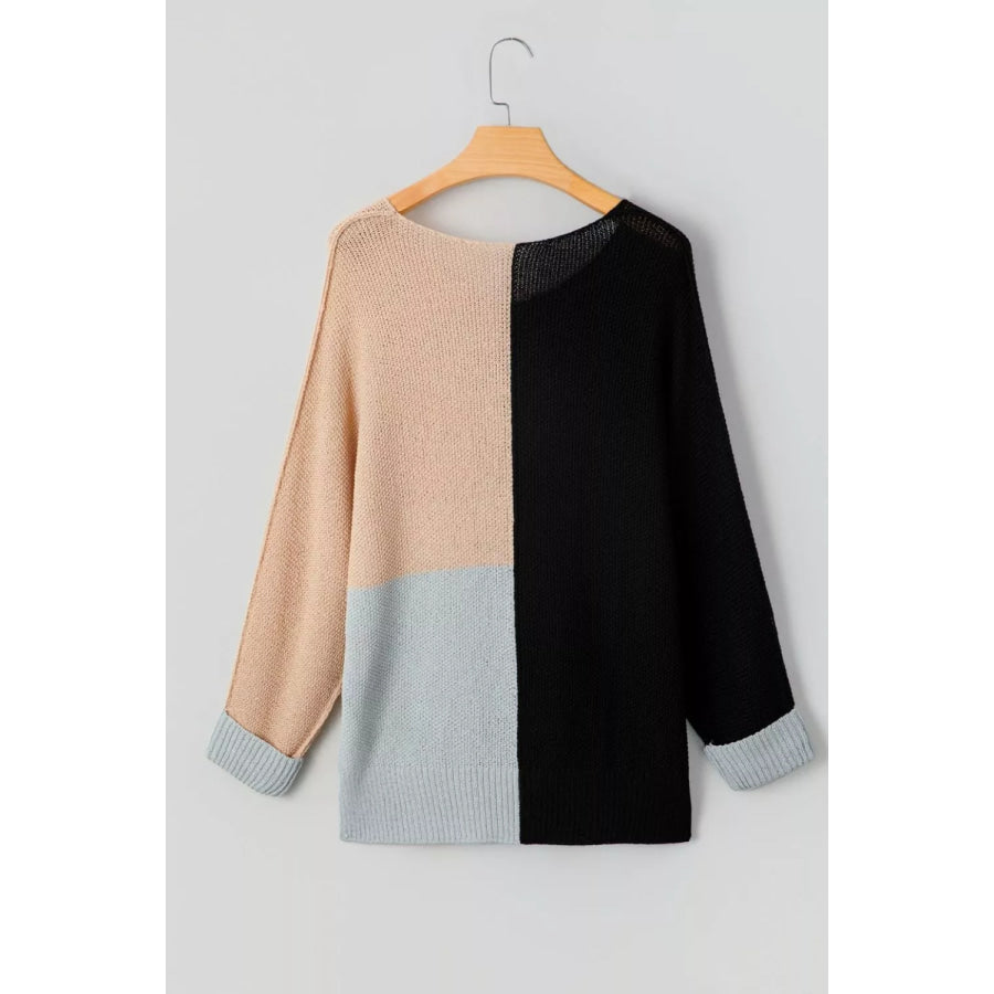 Color Block Knit V Neck Loose Sweater Apparel and Accessories