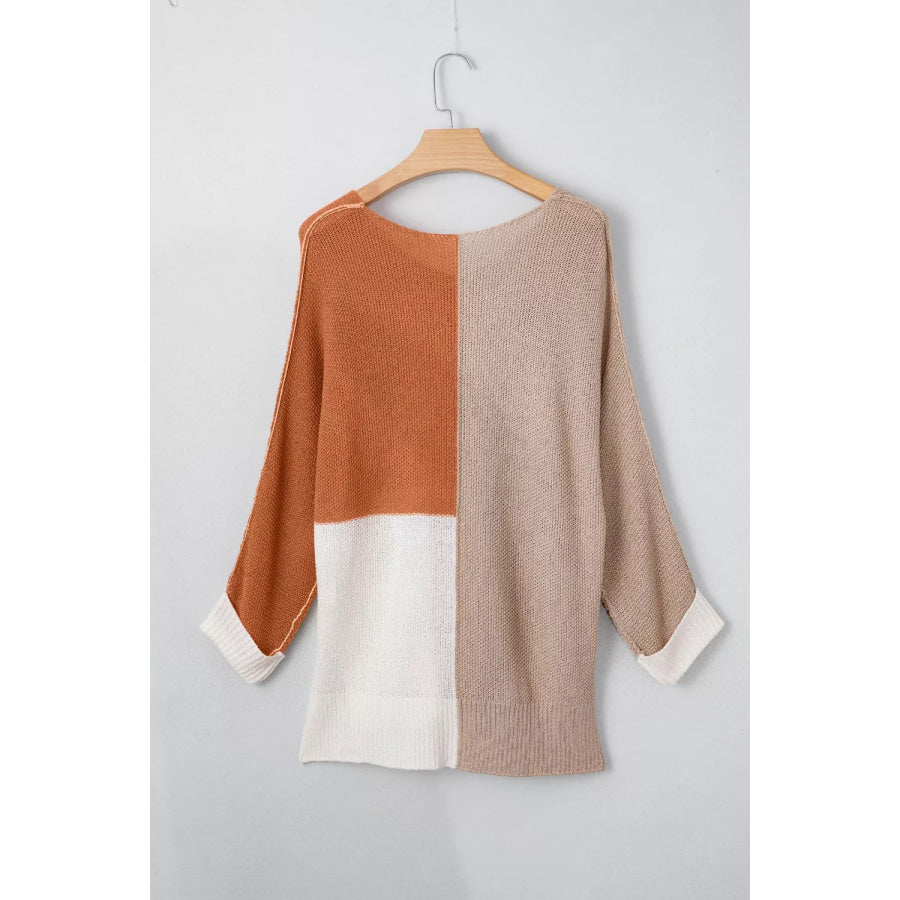 Color Block Knit V Neck Loose Sweater Apparel and Accessories