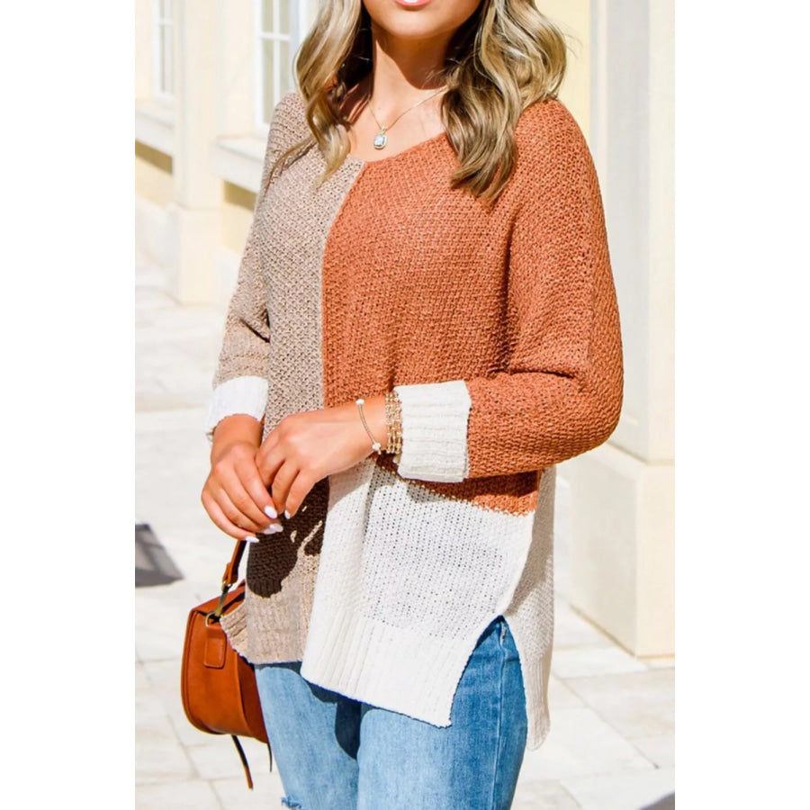 Color Block Knit V Neck Loose Sweater Apparel and Accessories