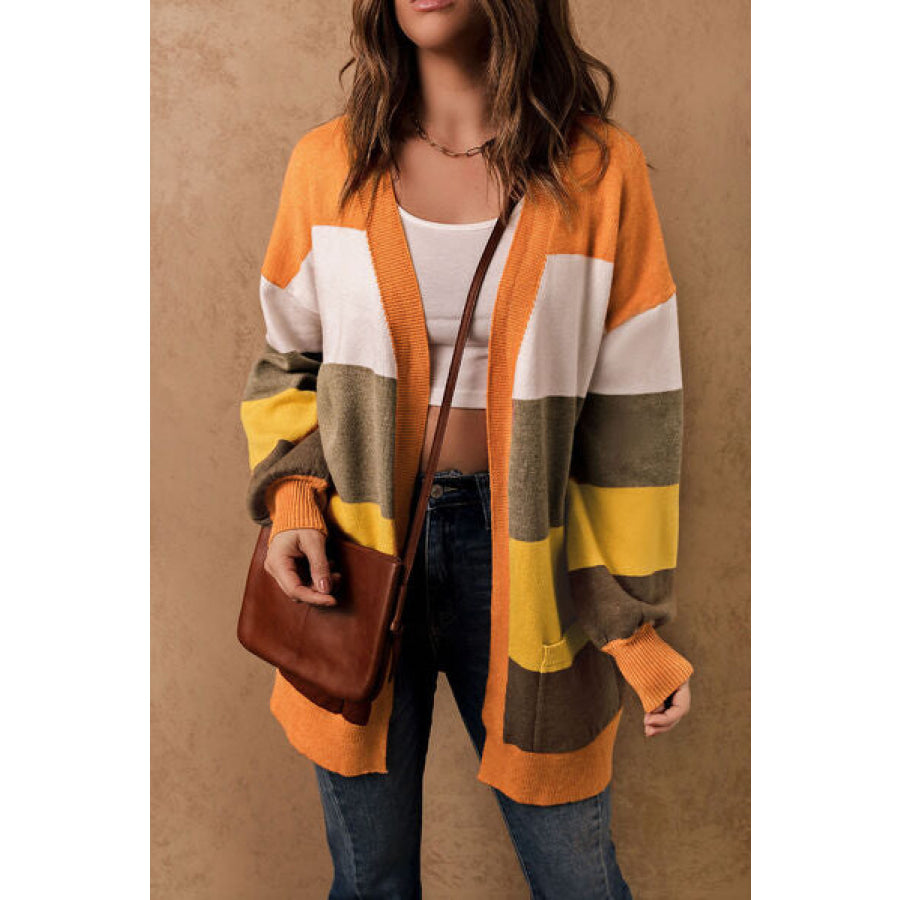 Color Block Lantern Sleeve Open Front Cardigan with Pockets Apparel and Accessories