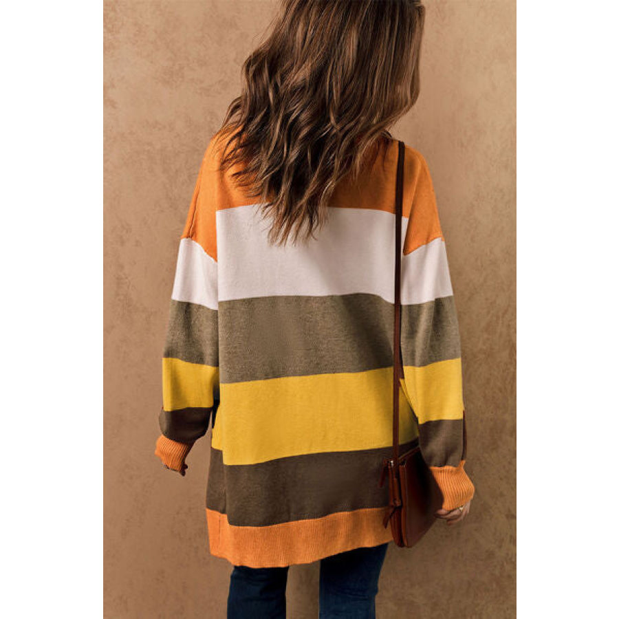 Color Block Lantern Sleeve Open Front Cardigan with Pockets Apparel and Accessories