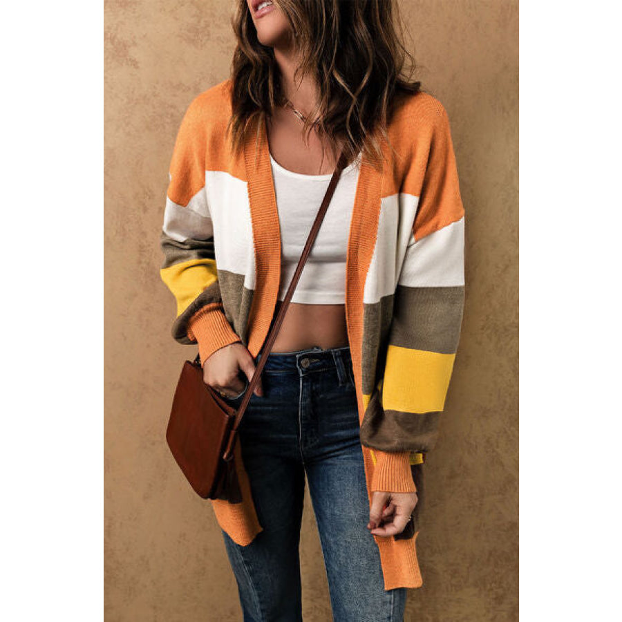 Color Block Lantern Sleeve Open Front Cardigan with Pockets Apparel and Accessories