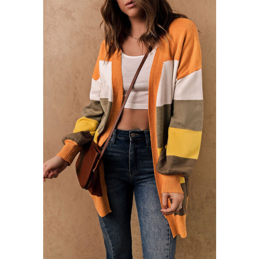 Color Block Lantern Sleeve Open Front Cardigan with Pockets Apparel and Accessories
