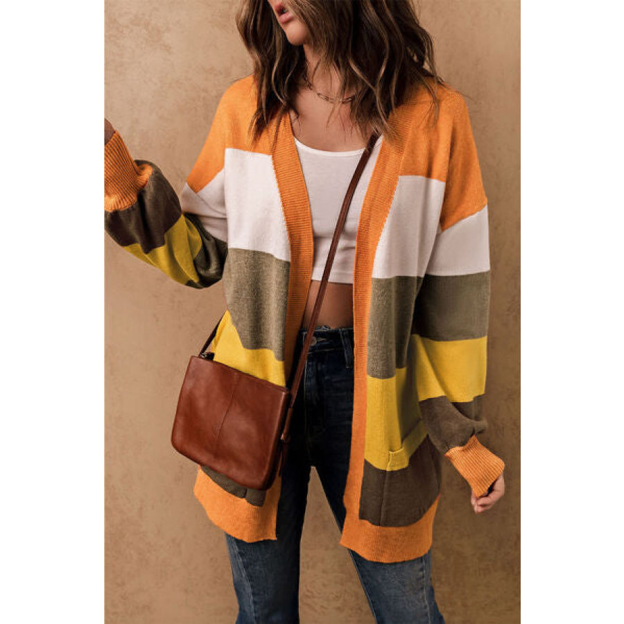 Color Block Lantern Sleeve Open Front Cardigan with Pockets Stripe / S Apparel and Accessories