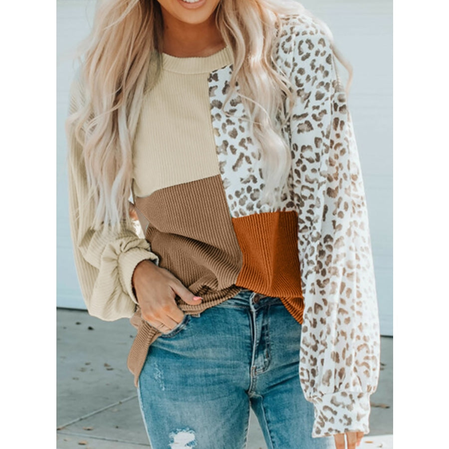 Color Block Leopard Round Neck Sweatshirt Camel / S